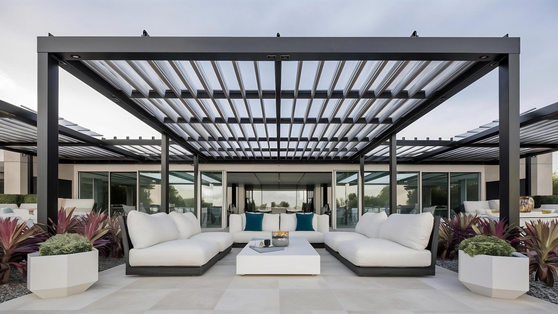 Modern aluminum pergola over an outdoor living patio