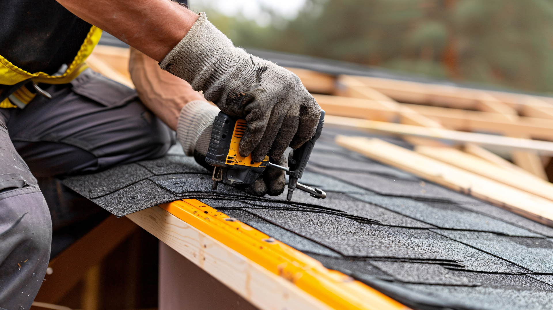 Roofer installing asphalt shingles on a residential roof